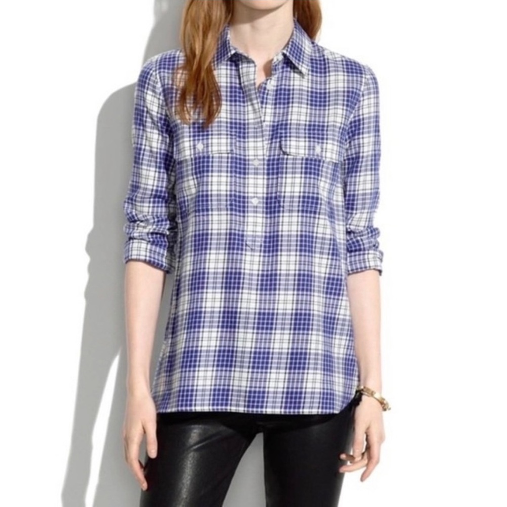 Madewell Blue and White Market Plaid Popover Shirt